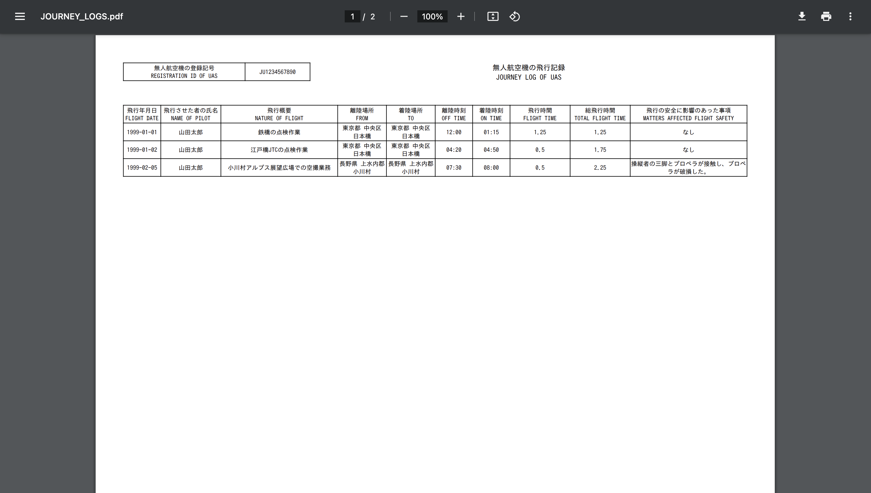 SKY LOGBOOK 飛行記録出力結果